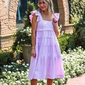 J Marie Melinda Purple Pink Gingham Maxi Ruffle Dress M